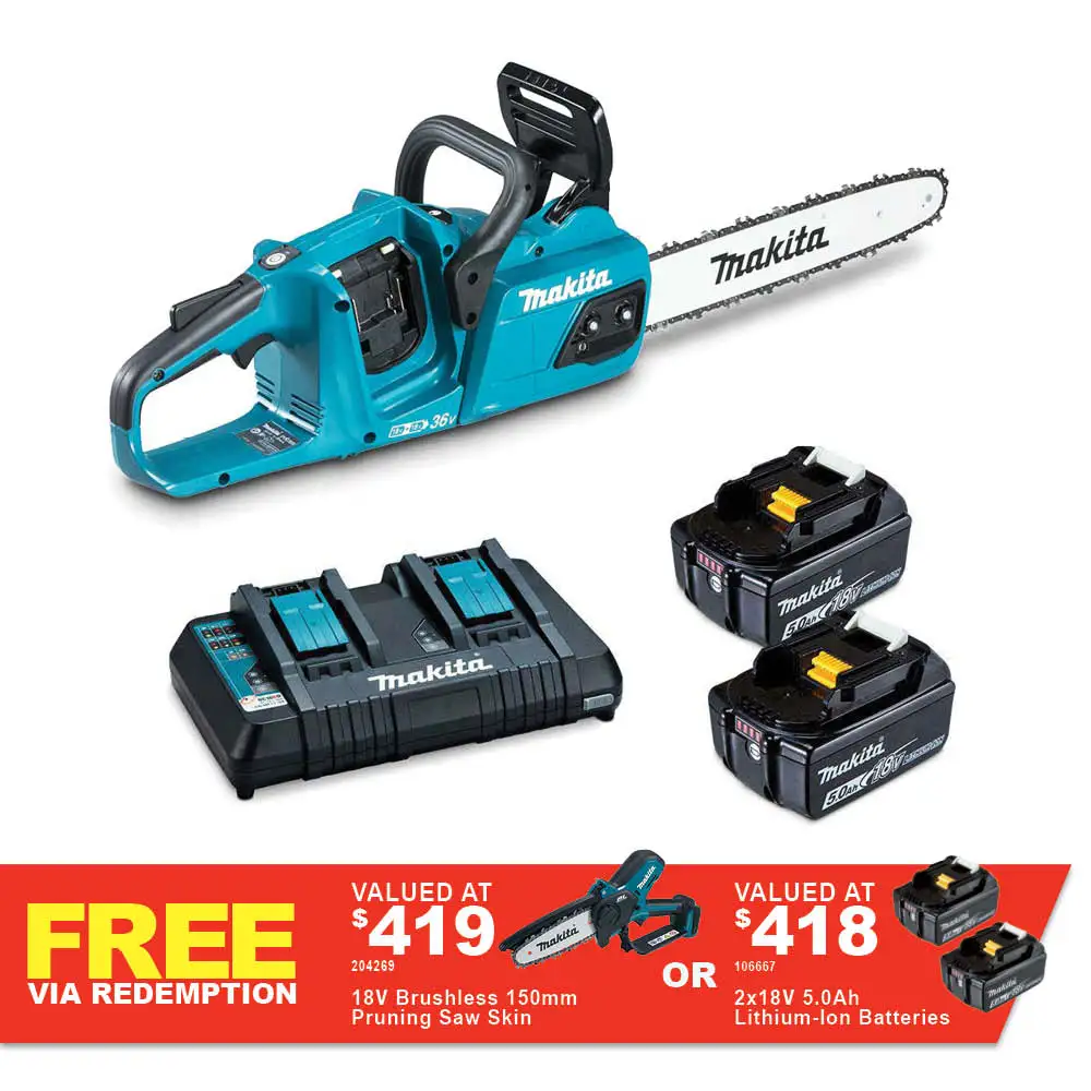 MAKITA 36V (18Vx2) Brushless 2 x 5.0Ah 350mm Chainsaw Kit DUC355PT2