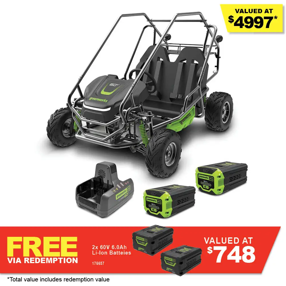 GREENWORKS 60V 2 x 8.0Ah Off Road Go Kart w/ Charger Kit 7403607AU