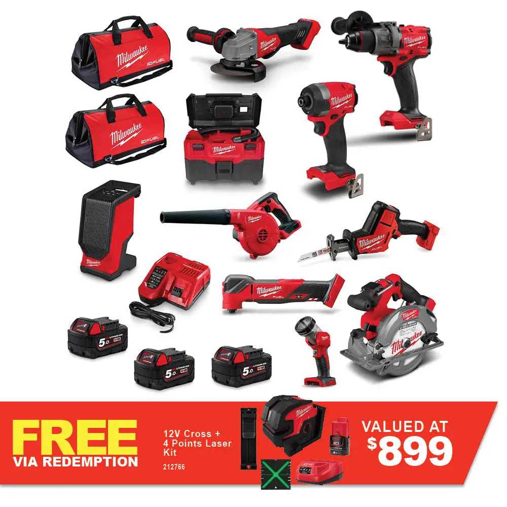 MILWAUKEE 18V FUEL Brushless 10 Piece 3 x 5.0AH Combo Kit Power Pack M18FPP10A4503B