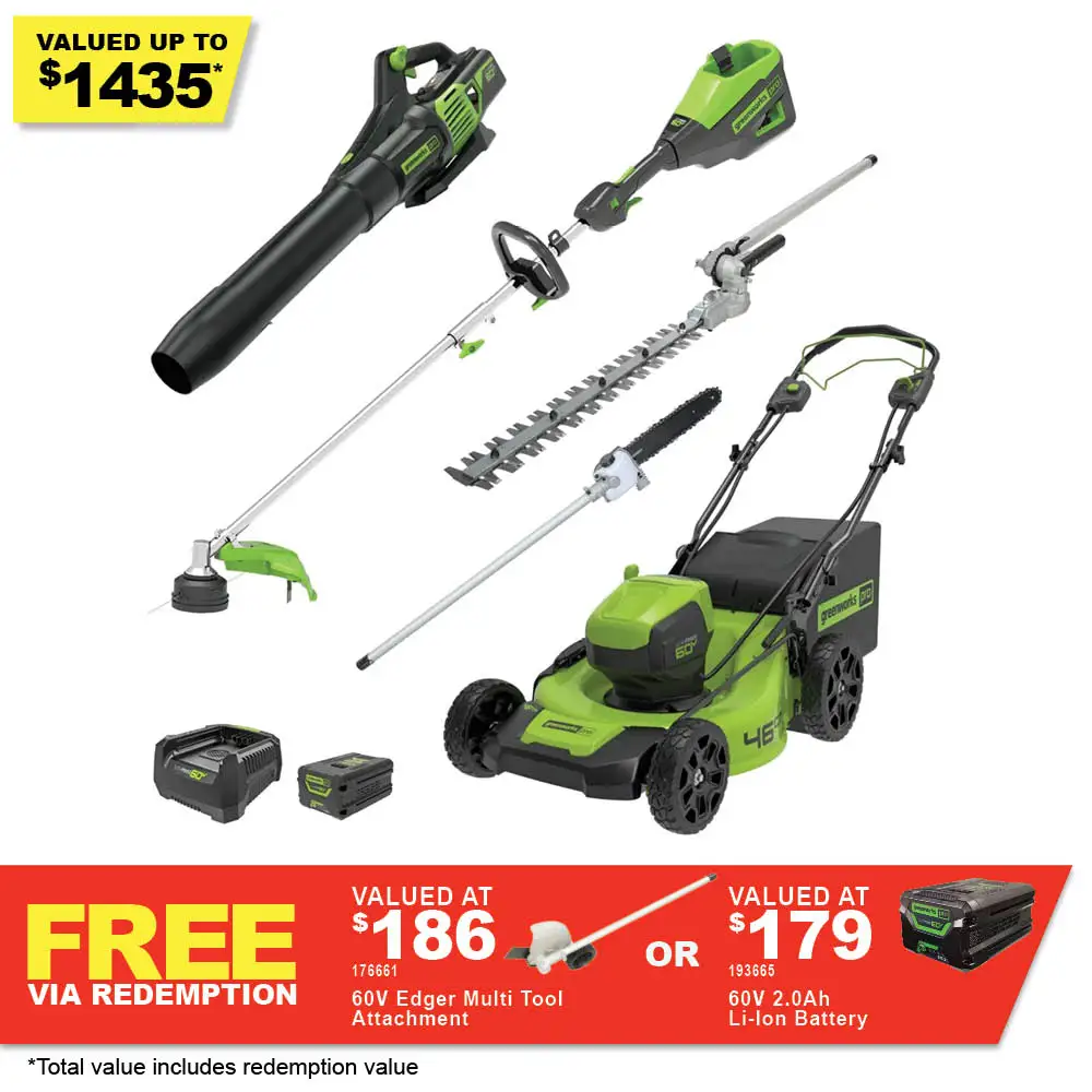 GREENWORKS 60V 1 x 4.0Ah 46cm Self Propelled Mower + Multi Tool+ Blower + Polesaw and Hedge Trimmer Attachment Kit 1305807AU