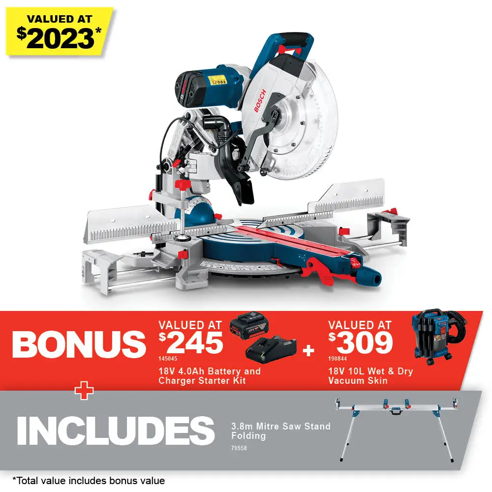 BOSCH 2000W 305mm (12") Gliding Compound Mitre Saw + 3.8m Folding Mitre Saw Stand 0615990J2B