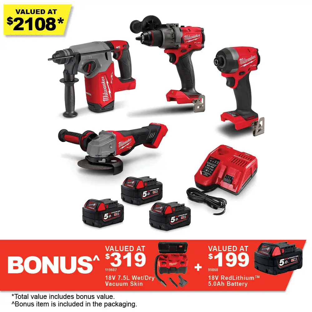MILWAUKEE 18V Brushless 4 Piece 3 x 5.0AH Combo Kit M18FPP4A3BD503B