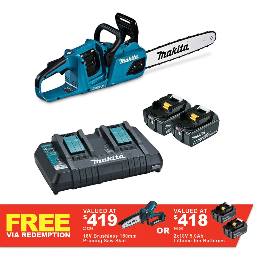 MAKITA 36V (18Vx2) Brushless 2 x 5.0Ah 400mm Chainsaw Kit DUC405PT2