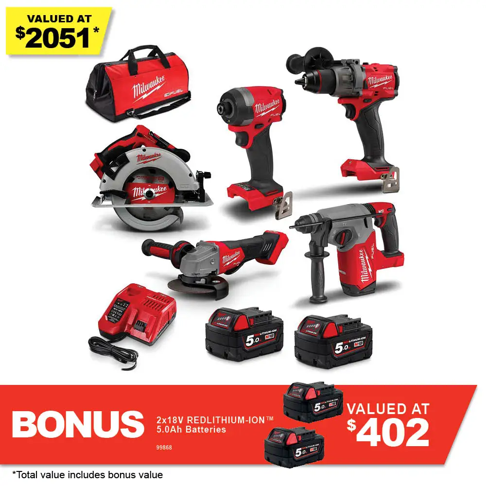 MILWAUKEE 18V FUEL 5 Piece 2 x 5.0Ah Combo Kit Power Pack M18FPP5A3502B