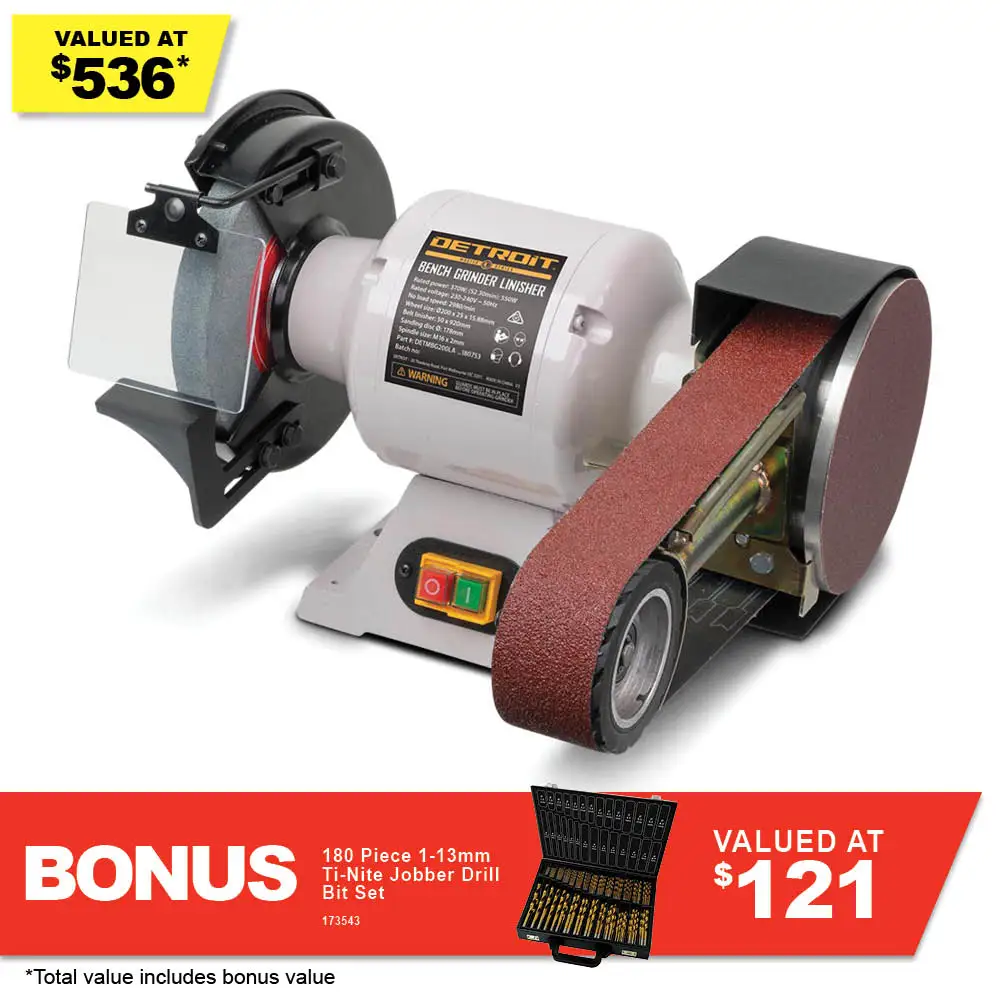 DETROIT MASTERS 550W 200mm Bench Grinder with Linishing Attachment DETMBG200LA