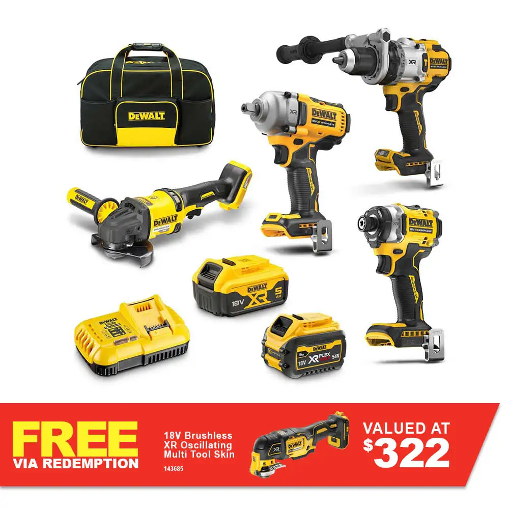 DEWALT 18V/54V XR Brushless 4 Piece 1 x 5.0Ah/1 x 6.0Ah Combo Kit DCZ407P1T1-XE