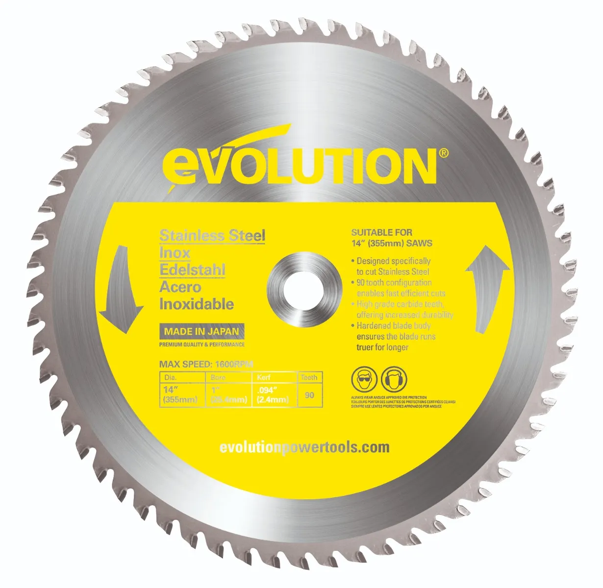 EVOLUTION 355mm 90T TCT Cold Cut Saw Blade for Stainless Steel Cutting S355TCT90CS