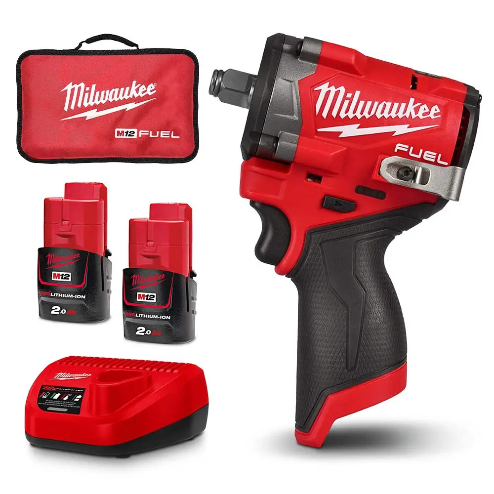 MILWAUKEE 12V 1/2" 2 x 2.0Ah Stubby Impact Wrench with Friction Ring Kit M12FIW2F12202B