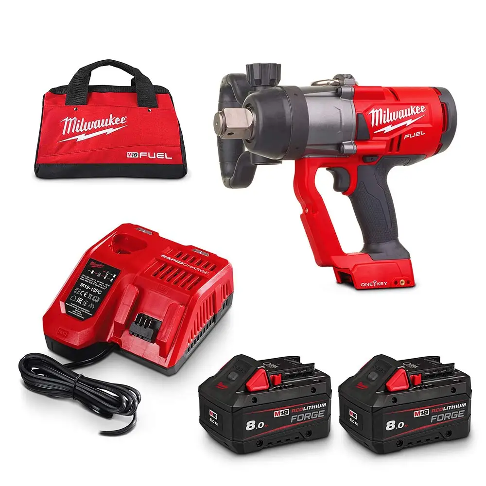 MILWAUKEE 18V FUEL 1Inch 2x8.0Ah High Torque Impact Wrench w/ ONE-KEY Kit M18ONEHIWF1802FB