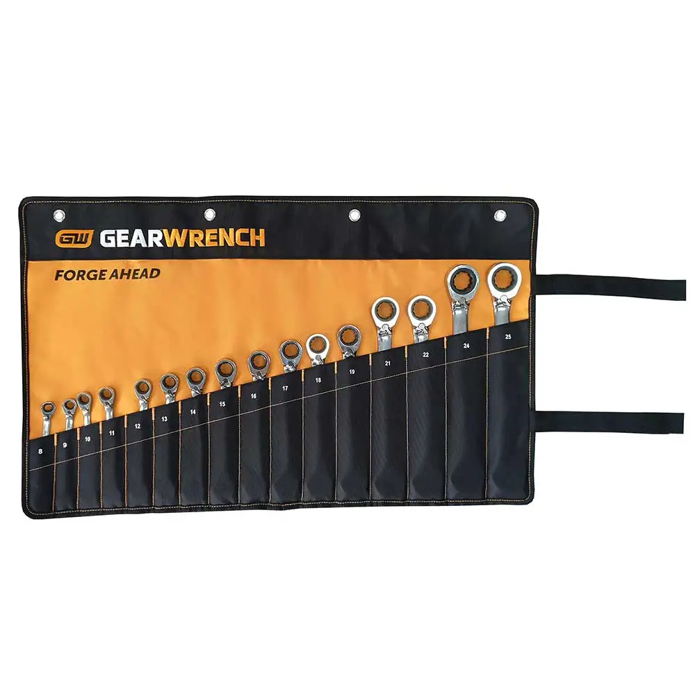 GEARWRENCH 16 Piece 12 Point Metric Reversible Ratcheting Combination Wrench Roll 9602NR