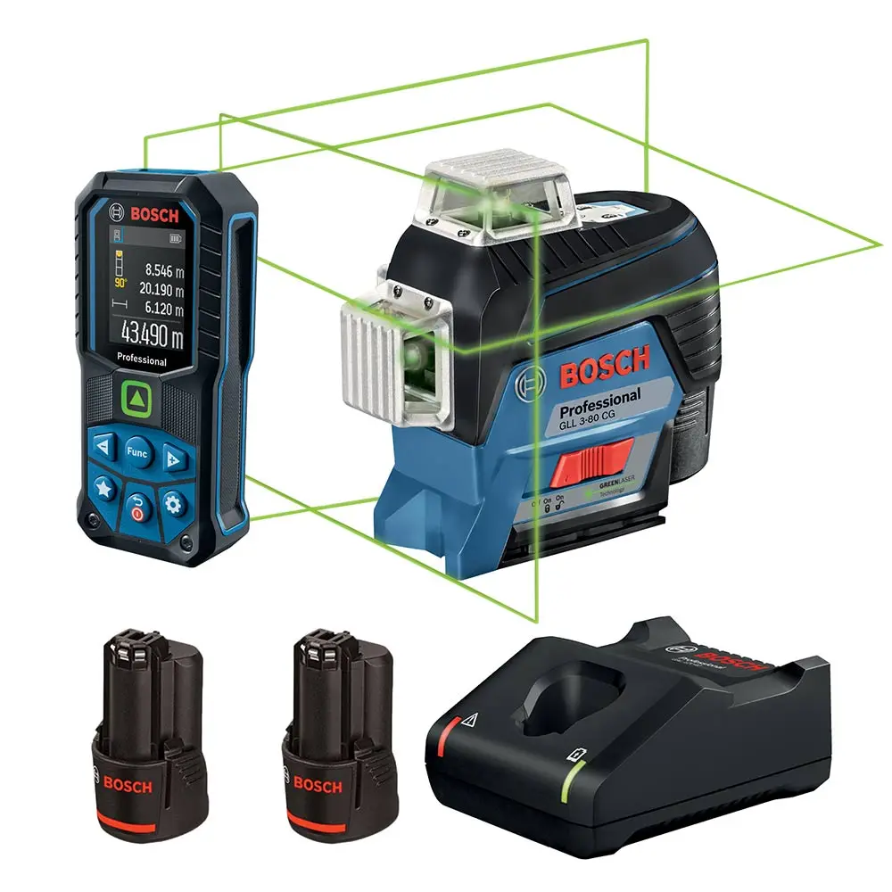 BOSCH 3 x 360° Multi-Line Laser Level Green Beam with Bluetooth + 50m Green Beam Distance Measurer 06159940RC