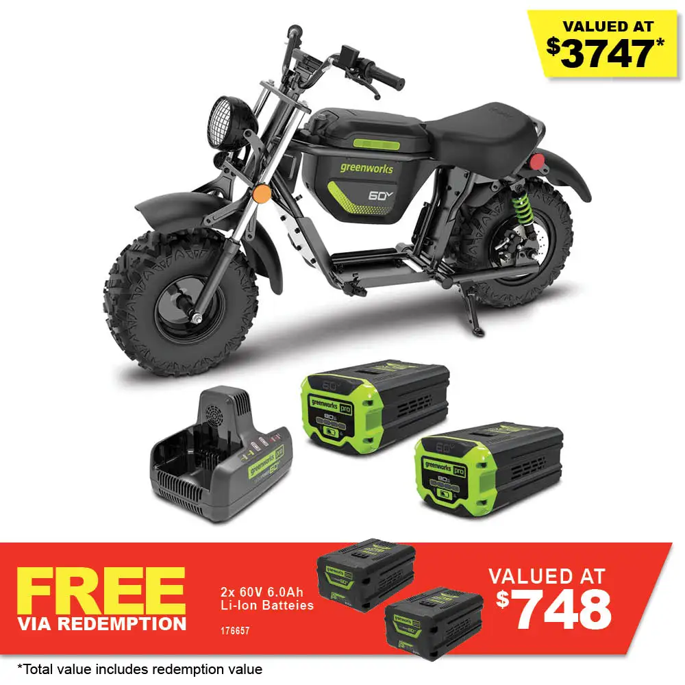 GREENWORKS 60V 2 x 8.0Ah Mini Bike w/ Charger Kit 7403707AU