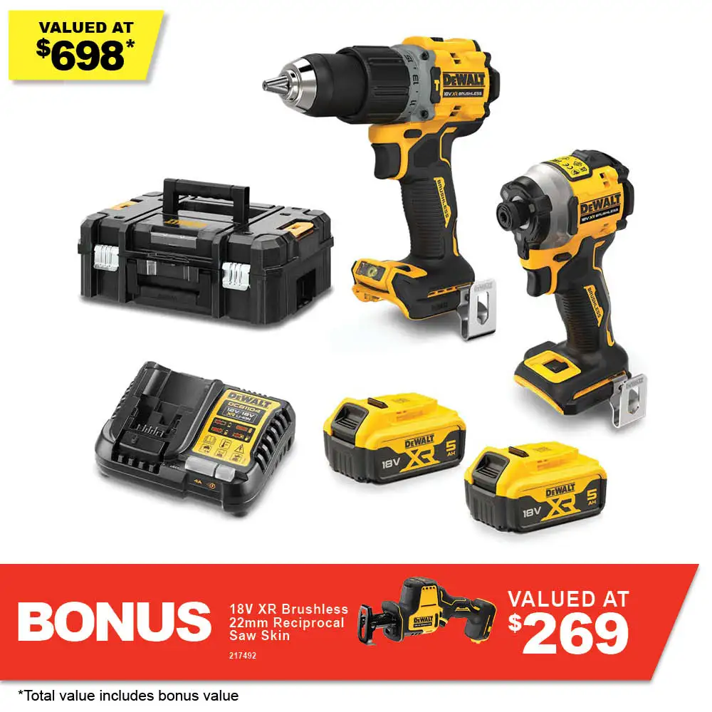 DEWALT 18V XR Brushless 2 Piece 2 x 5.0Ah Combo Kit DCZ2050P2T-XE