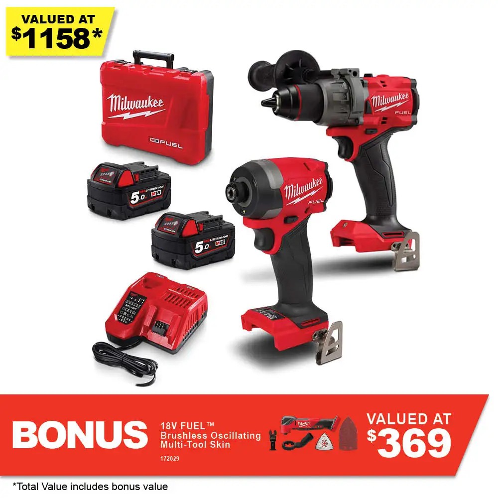 MILWAUKEE 18V FUEL Brushless 2 Piece 2 x 5.0AH Combo Kit Power Pack M18FPP2AA3B502C