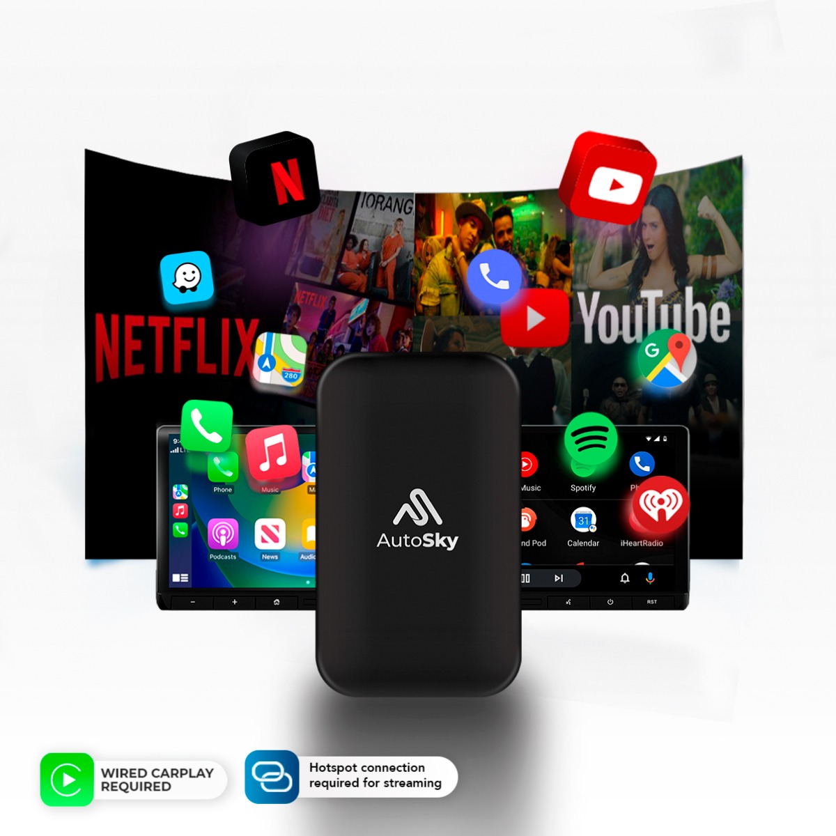 AutoSky AI Box Stream Netflix & YouTube in your car Apple CarPlay & Android Auto