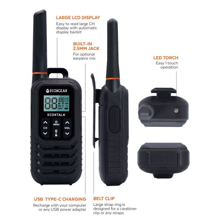 Ecoxgear 1 Watt UHF CB Radio Handheld Twin Pack Black 1W