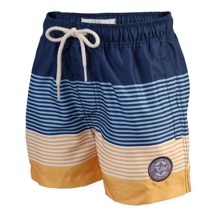 Cape 'Trip In A Van' Kids' Stripe Print Volley Shorts Navy Blue & Mustard
