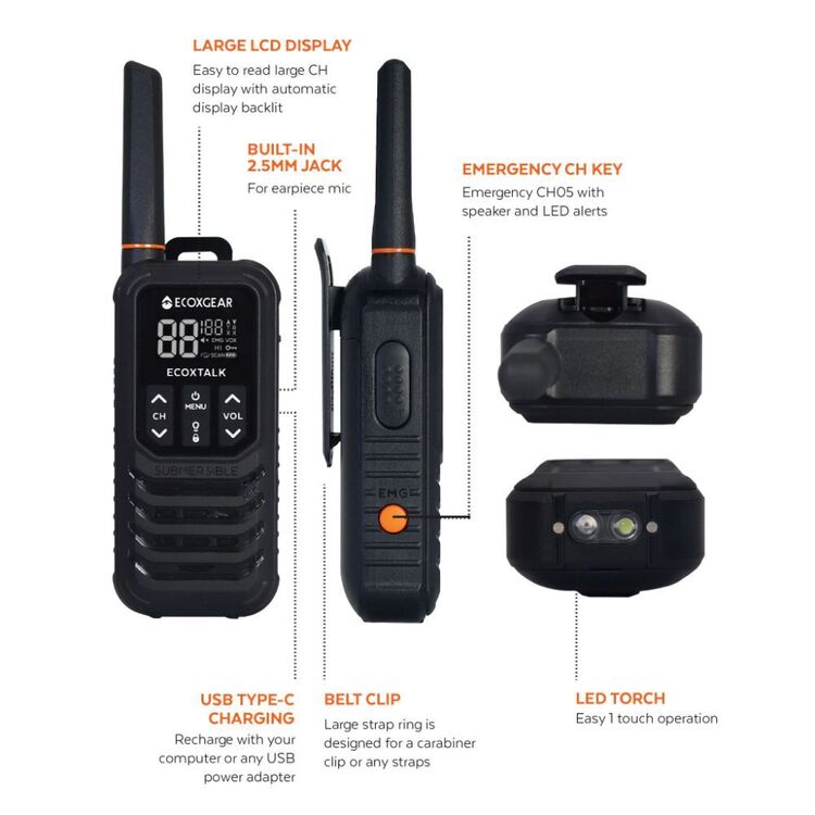 Ecoxgear 2 Watt UHF CB Radio Handheld Twin Pack Black 2W