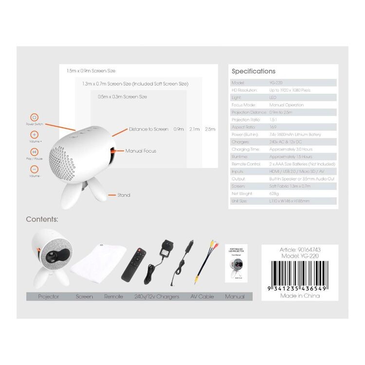 Portable HD LED Projector with Soft Screen White