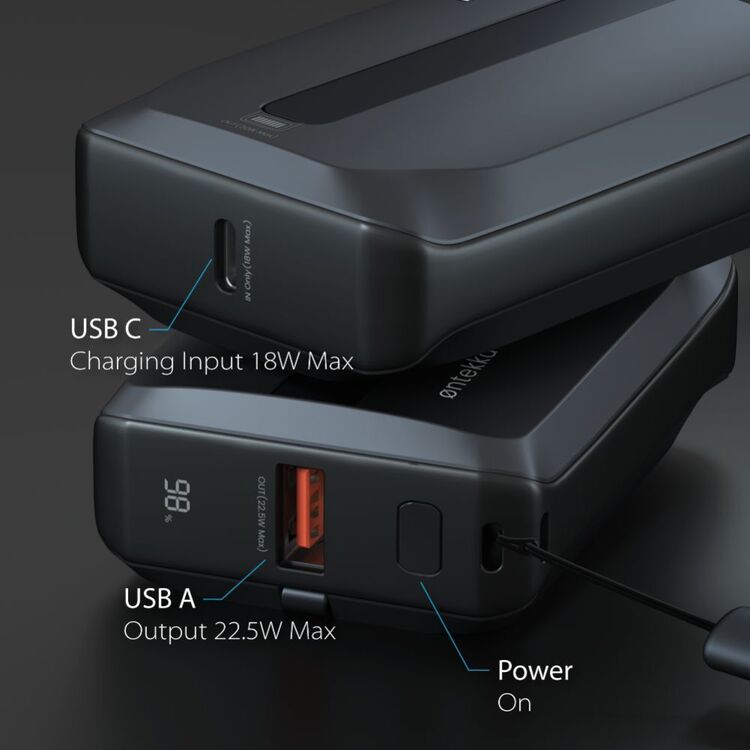 Ontekka 10k Power Bank with Built-in Lightning & USB-C Charge Cables Black 10K
