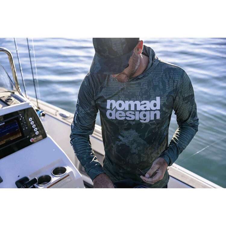 Nomad Design Khaki Camo Splice Hooded Tech Fishing Shirt Green
