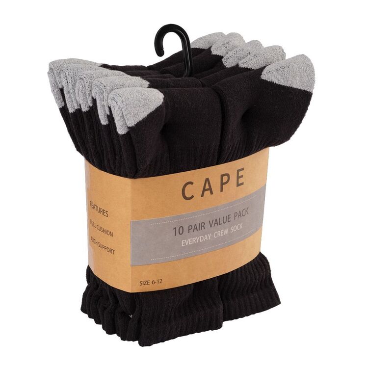 Cape Everyday 10 Pack Crew Socks Black 6-12