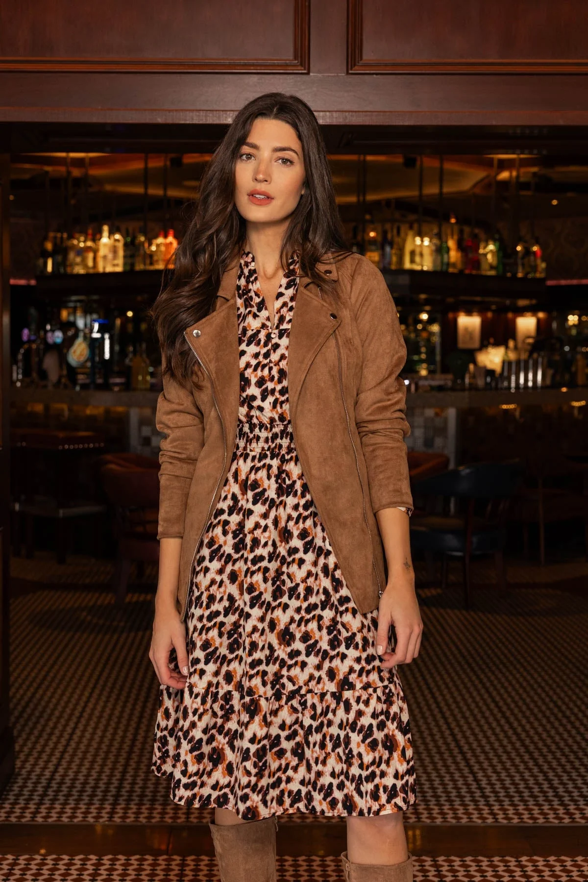 Long Line Suede Biker in Camel