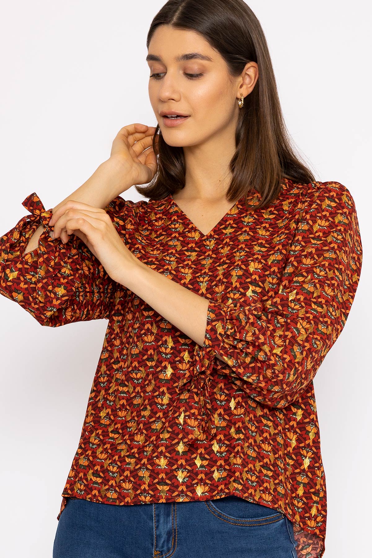 V Neck Tie Sleeve Top in Multi Print