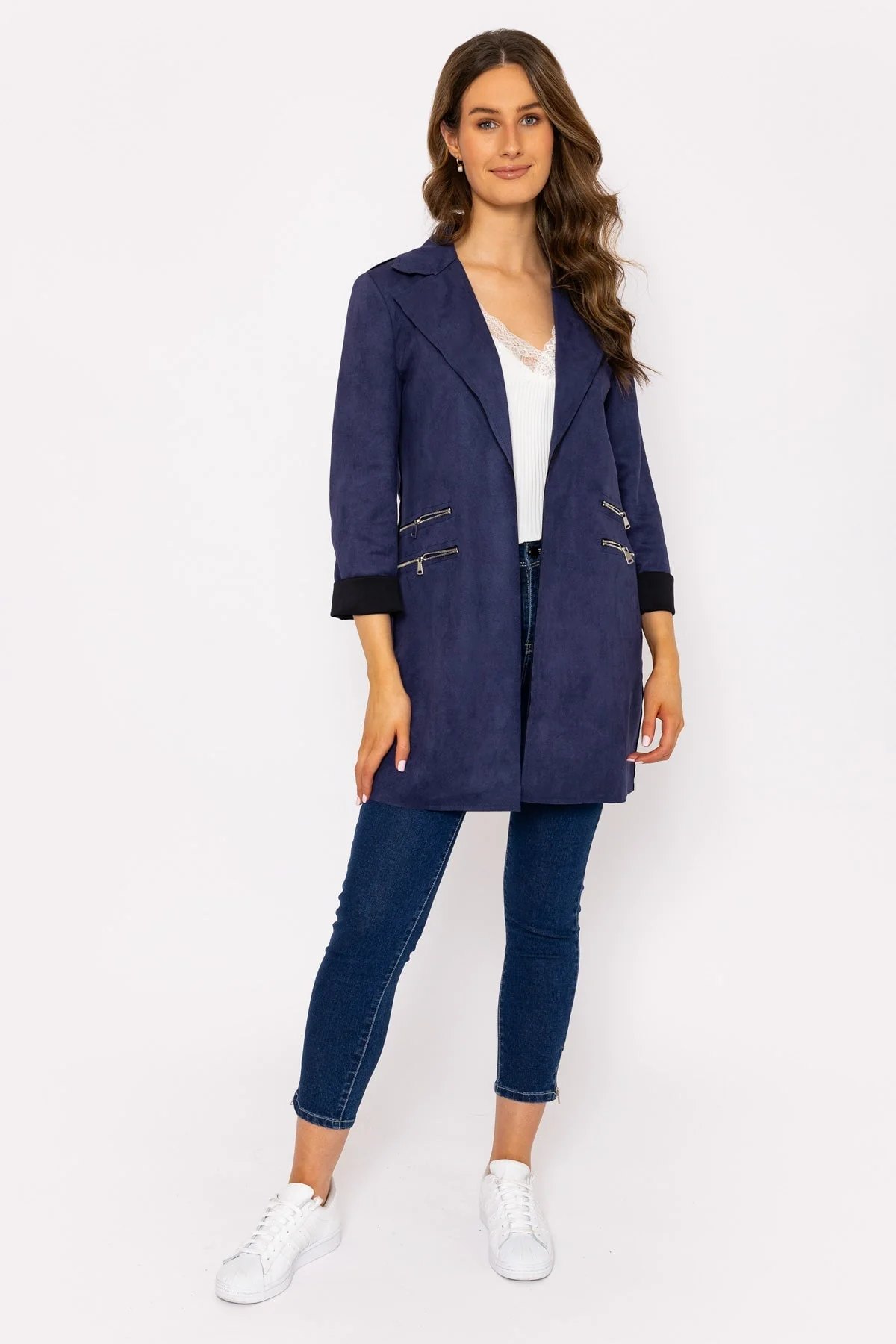 Suede Zip Detail Jacket in Navy