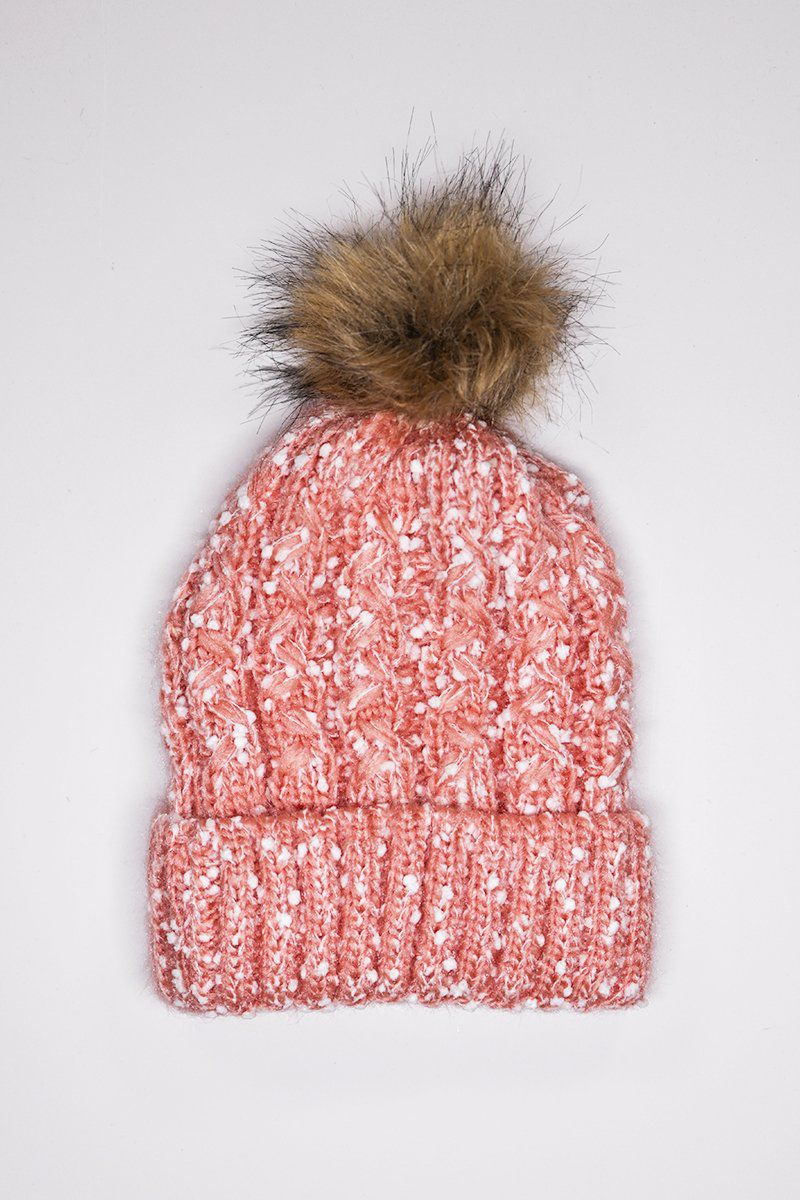 Chunky Knit Hat with Bobble in Multi Tone Pink