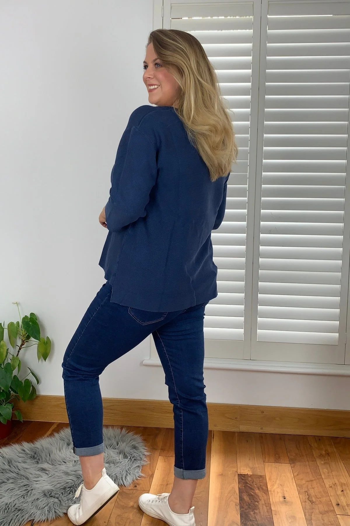 3/4 Sleeve Star Knit Sweater in Dark Blue