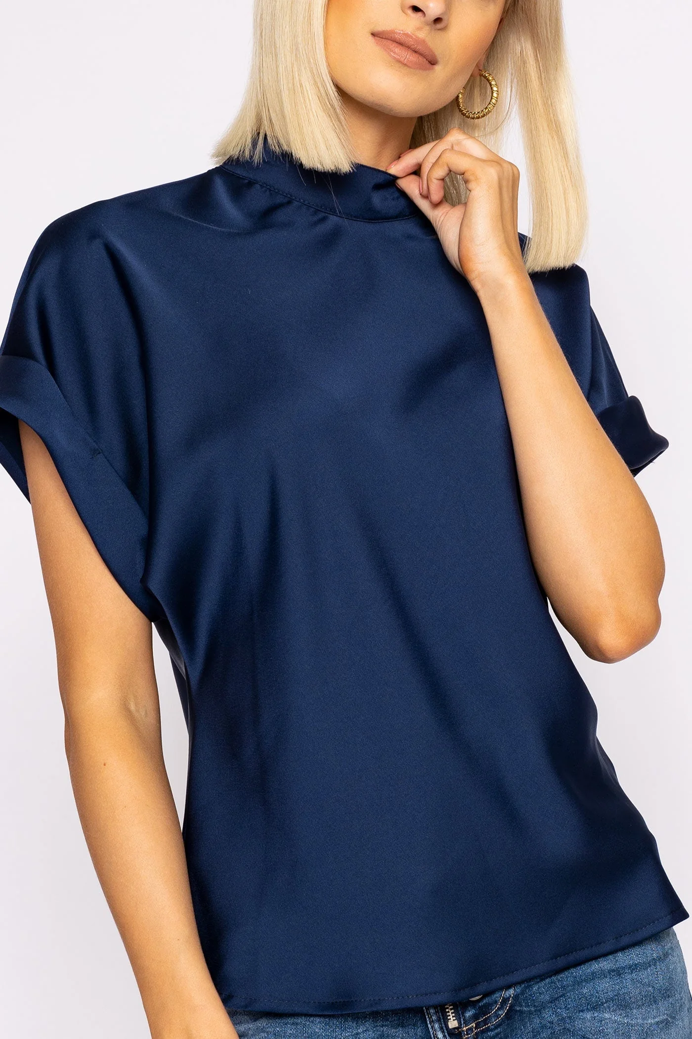 High Neck Sateen Top in Navy