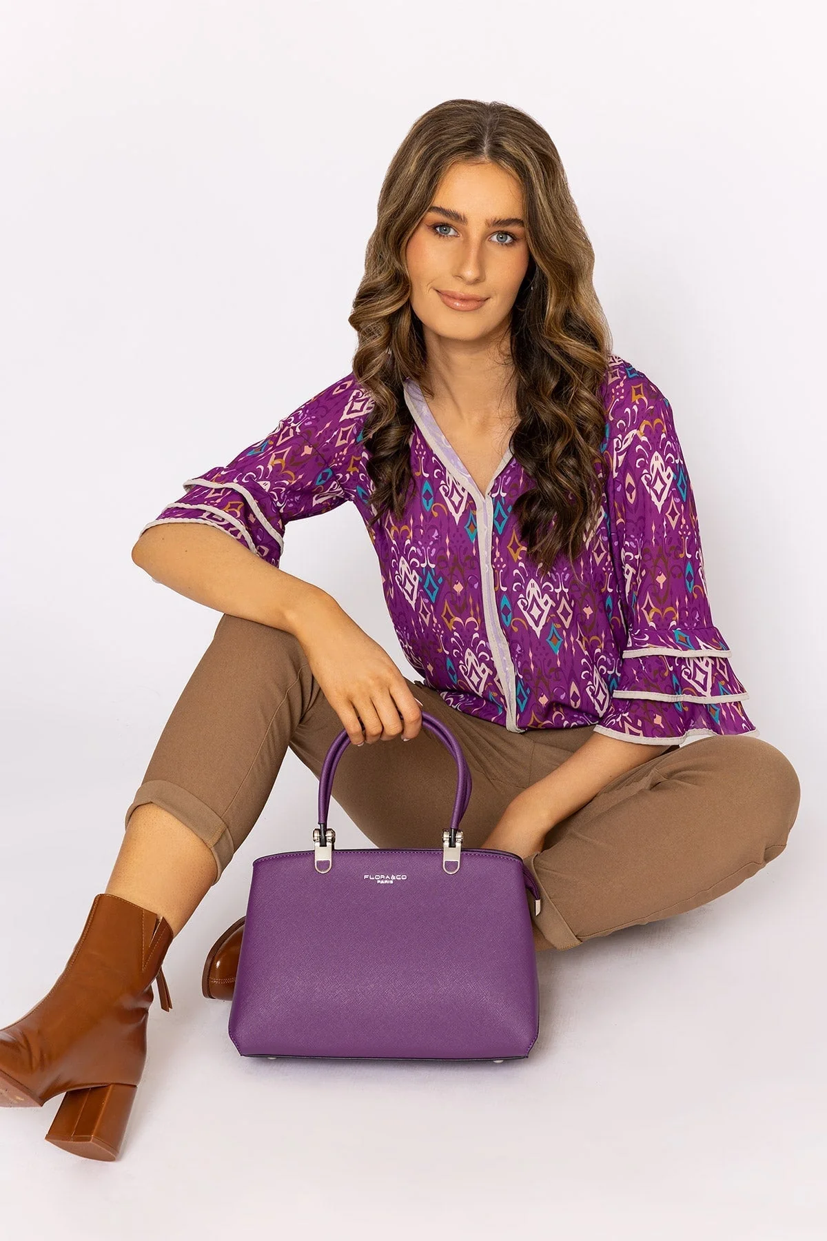 V-Neck Frill Sleeve Top in Magenta Print