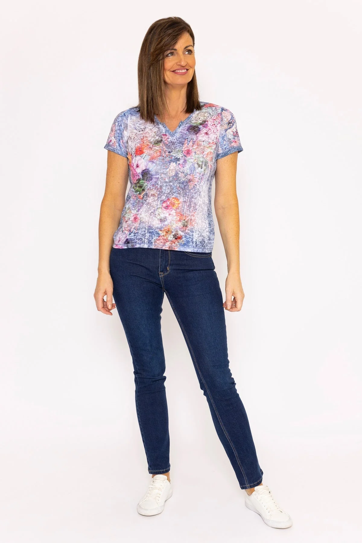 Abstract Printed V-Neck T-Shirt in Multi Print