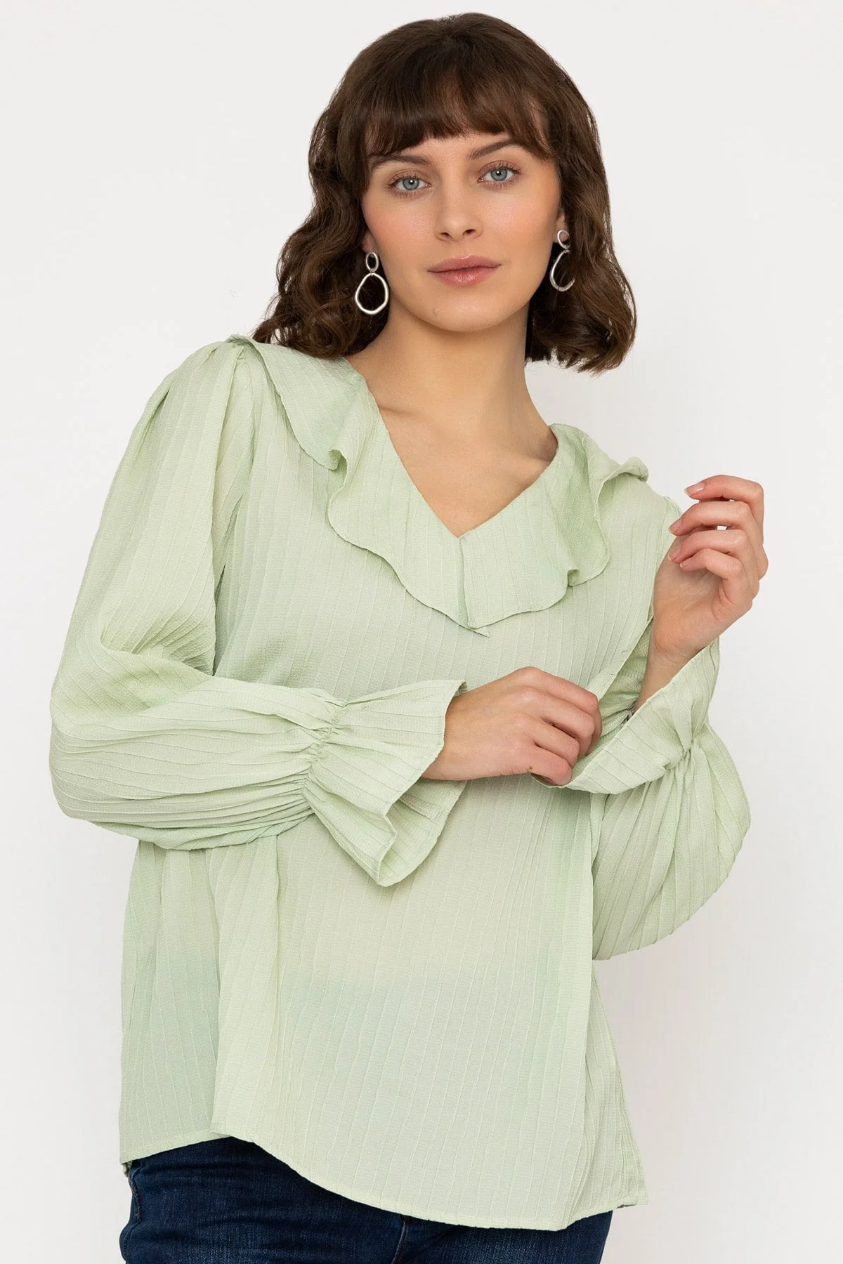 Long Sleeve Ruffle Blouse in Sage