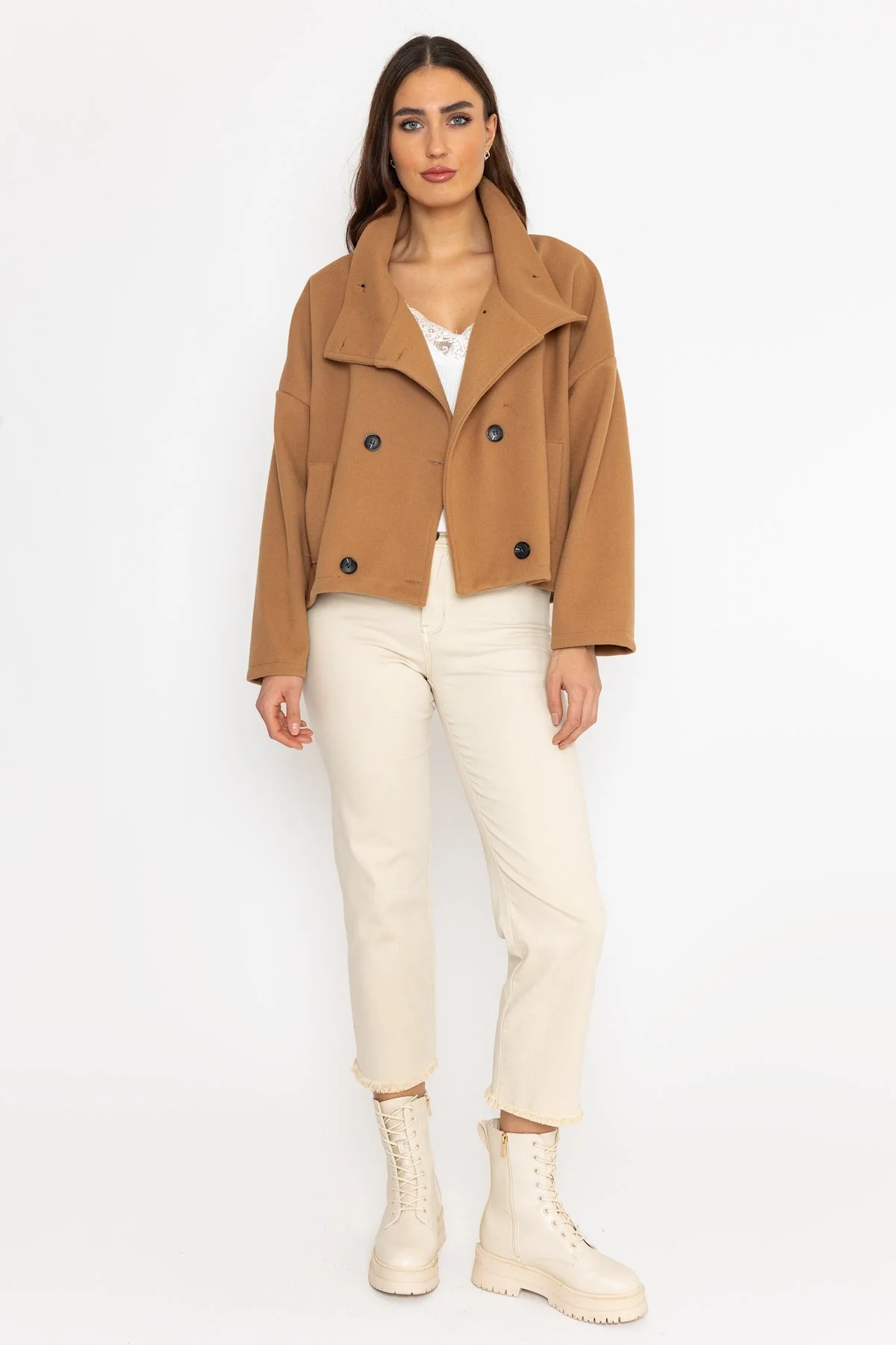 Short Funnel Neck Jacket in Camel