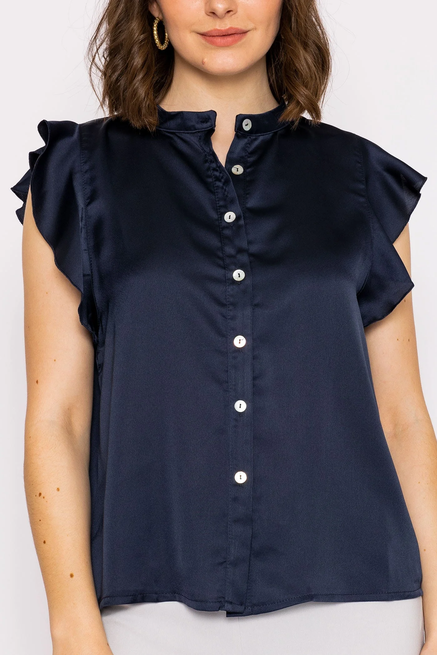 Ruffle Satin Shirt in Navy