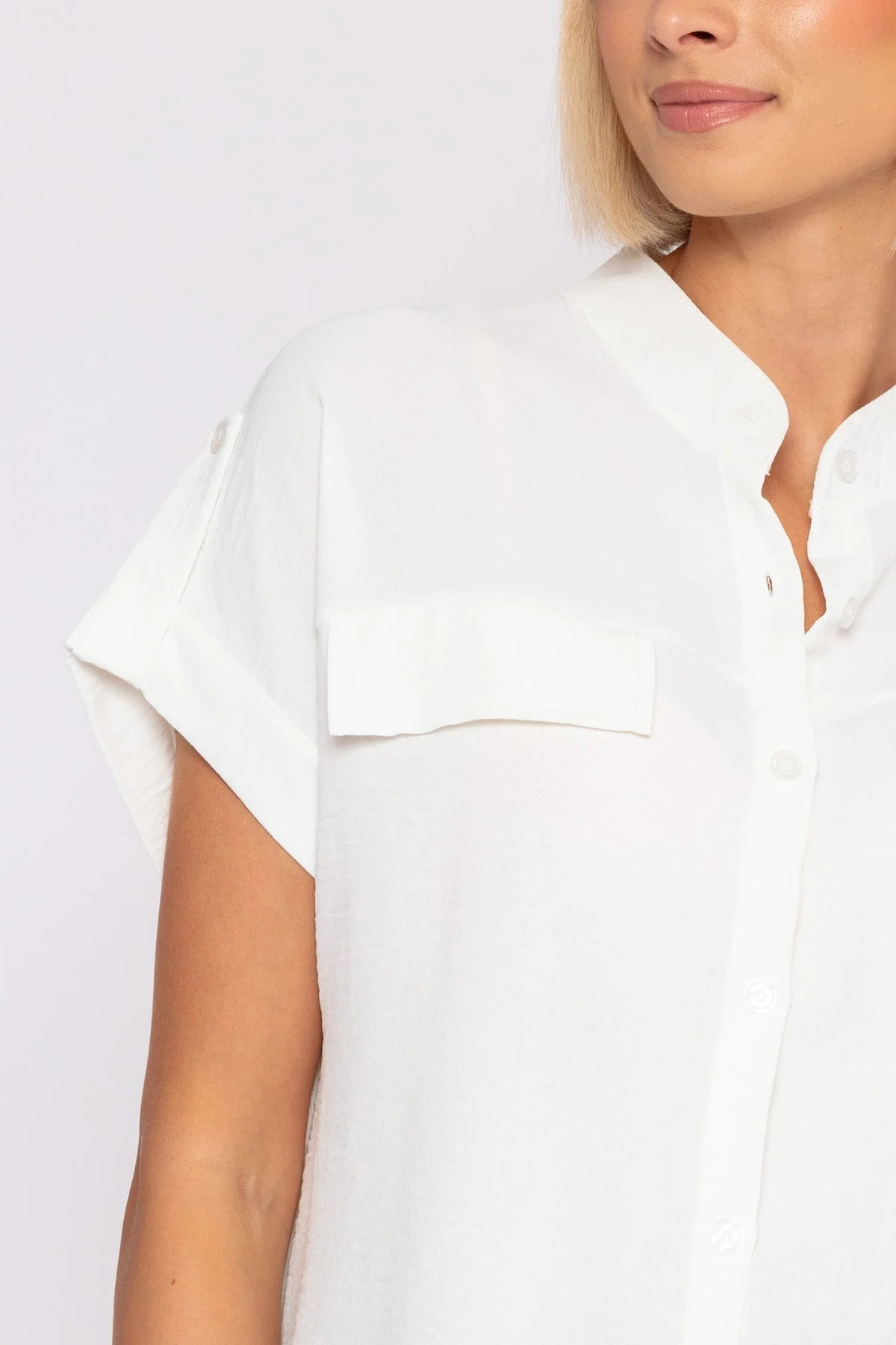 Short Sleeve Collarless Shirt in Ecru