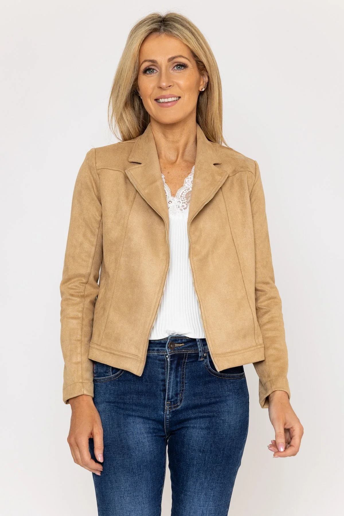 Suedette Zip Jacket in Camel