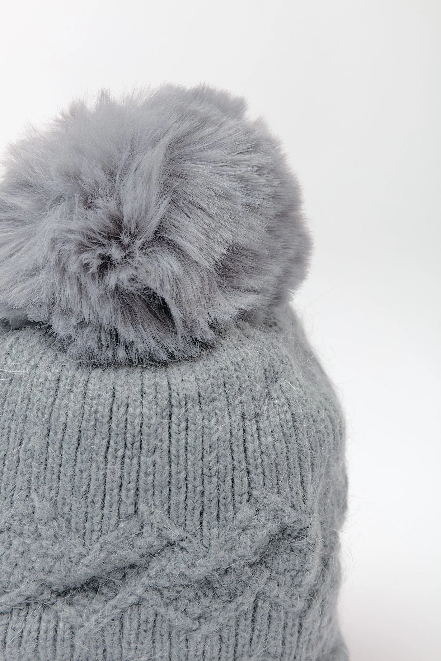 Grey Cable Knit Beanie with Pom