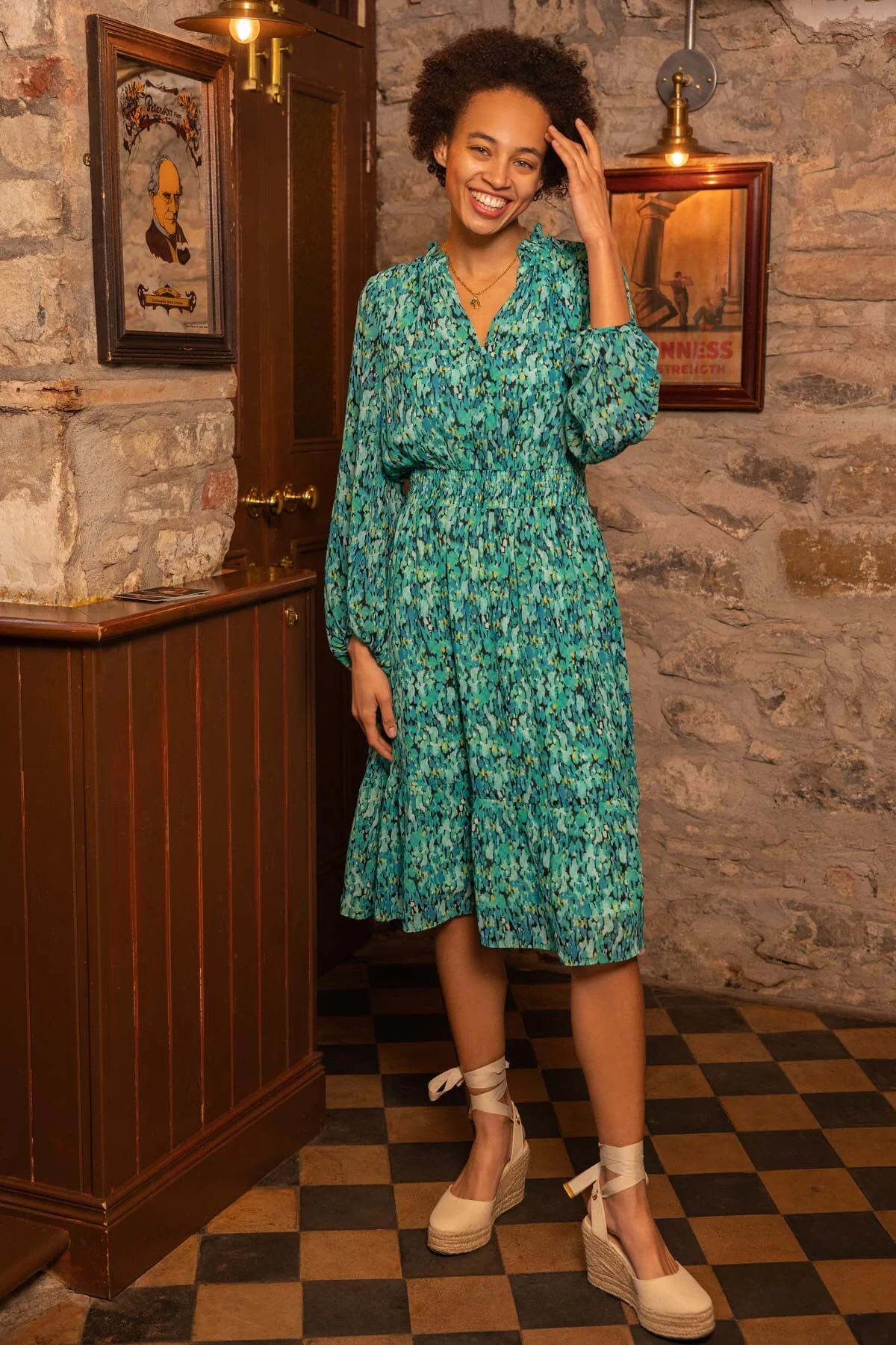 Mia Midi Dress in Green Print