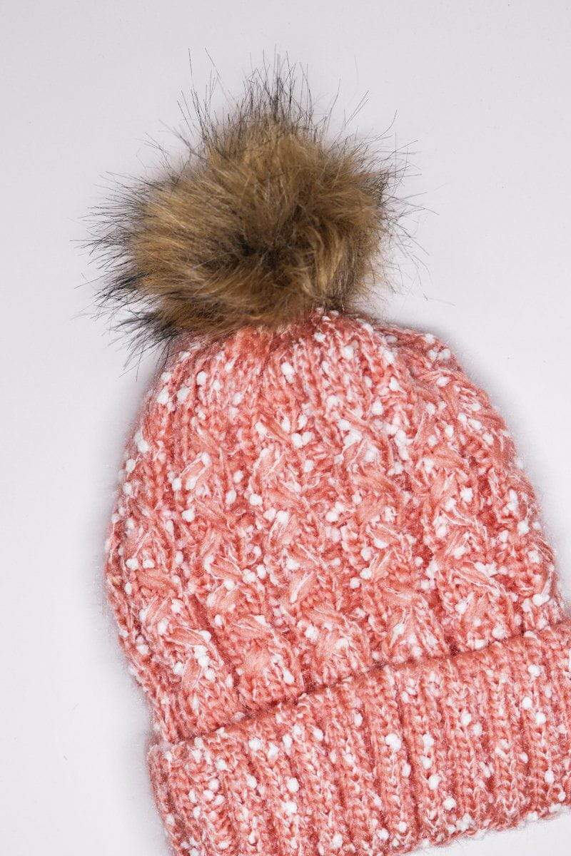 Chunky Knit Hat with Bobble in Multi Tone Pink