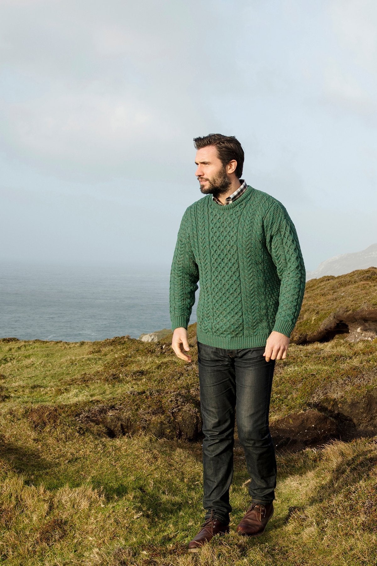 Traditional Unisex Aran Sweater in Green