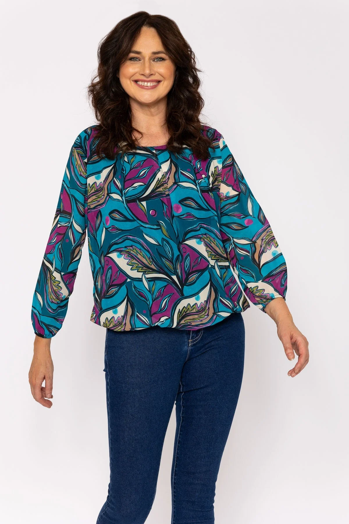 Teal Printed Long Sleeve Blouse