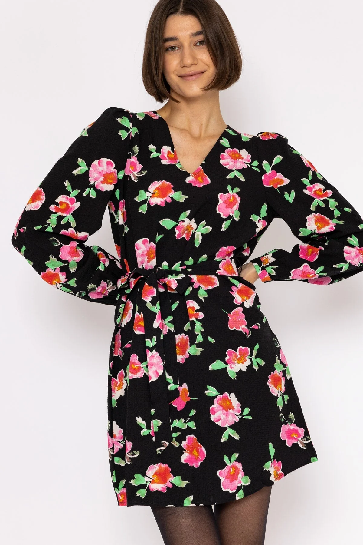 V-Neck Dress in Black Floral Print