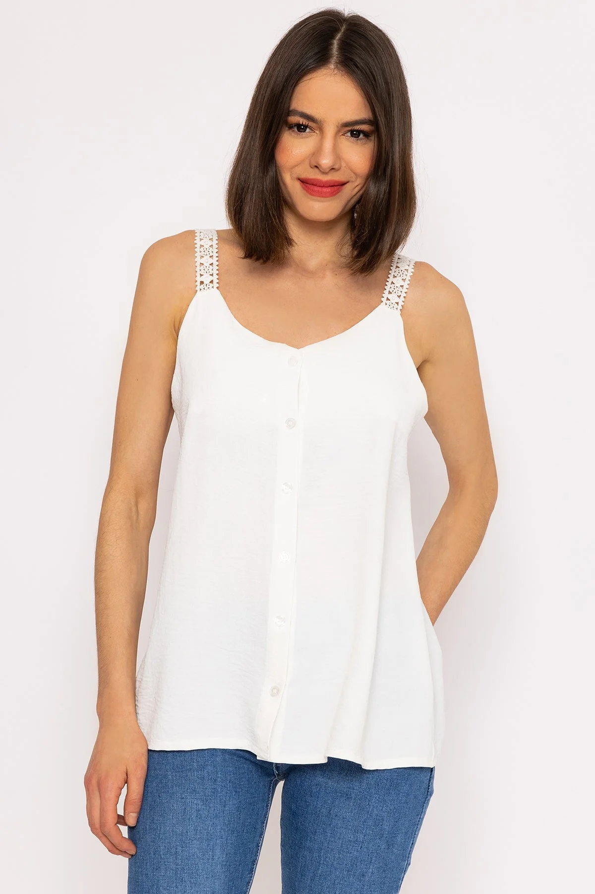 Lace Strap Button Cami Top In White