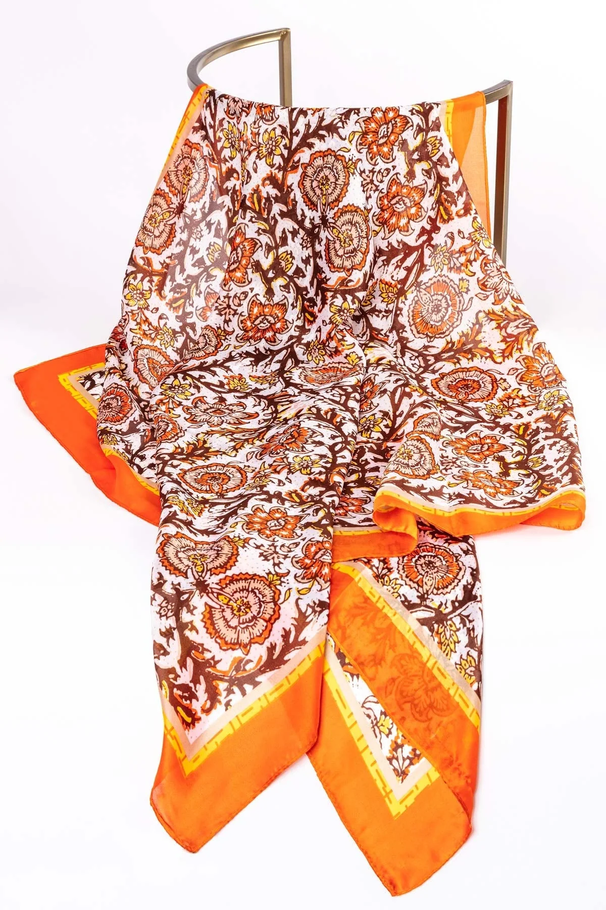 Silk Blend Floral Scarf in Orange
