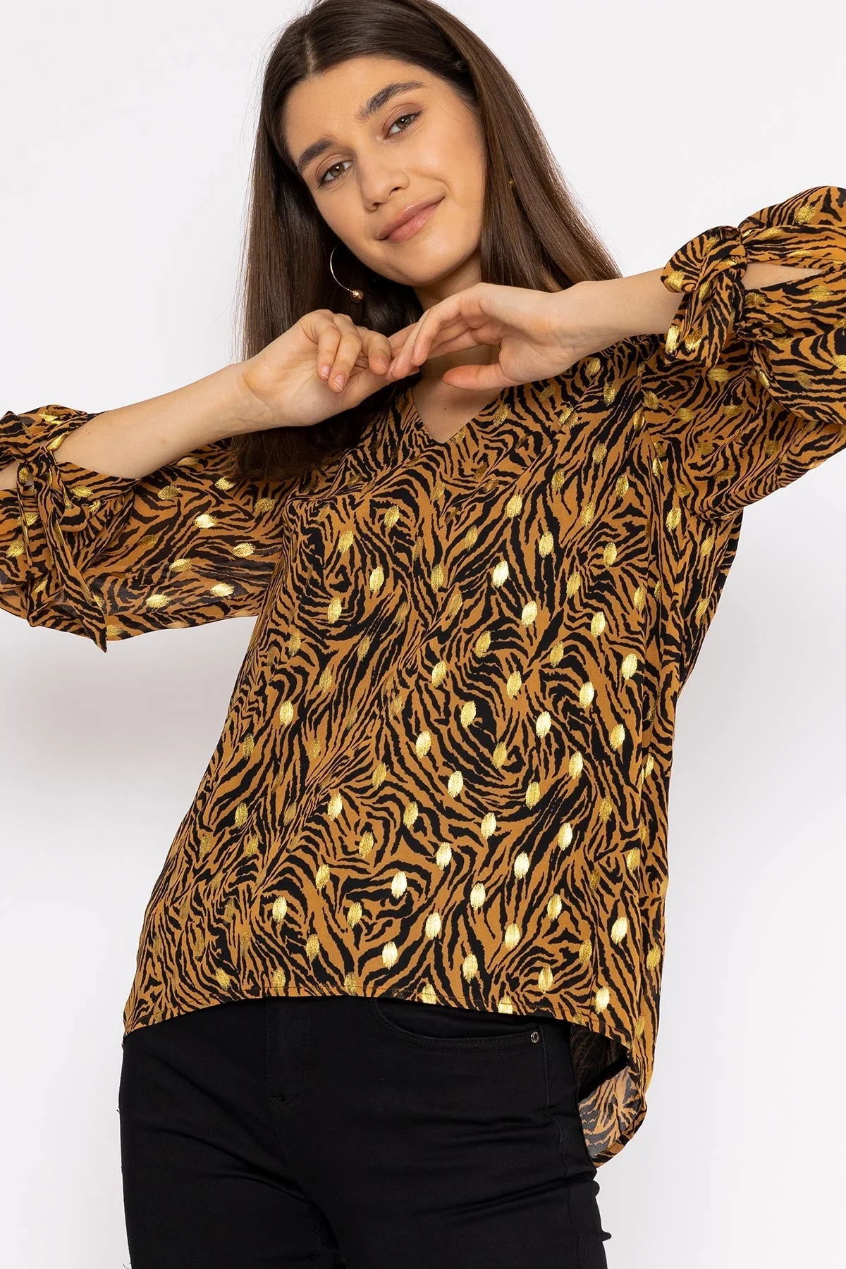 V Neck Tie Sleeve Top in Gold Animal Print
