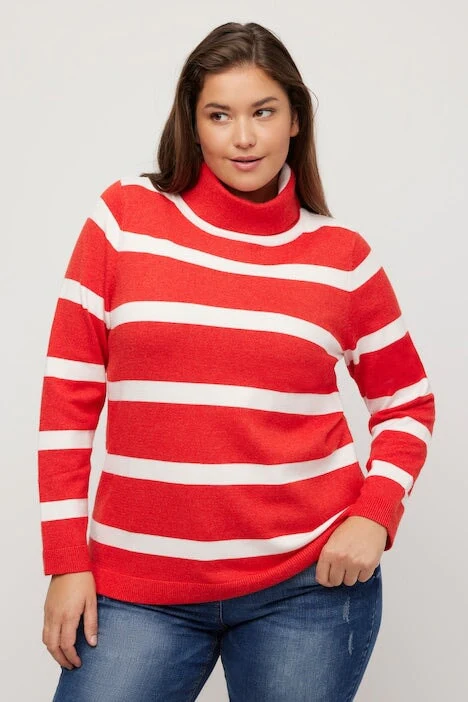 Stripe Fine Knit Turtleneck Sweater in Red