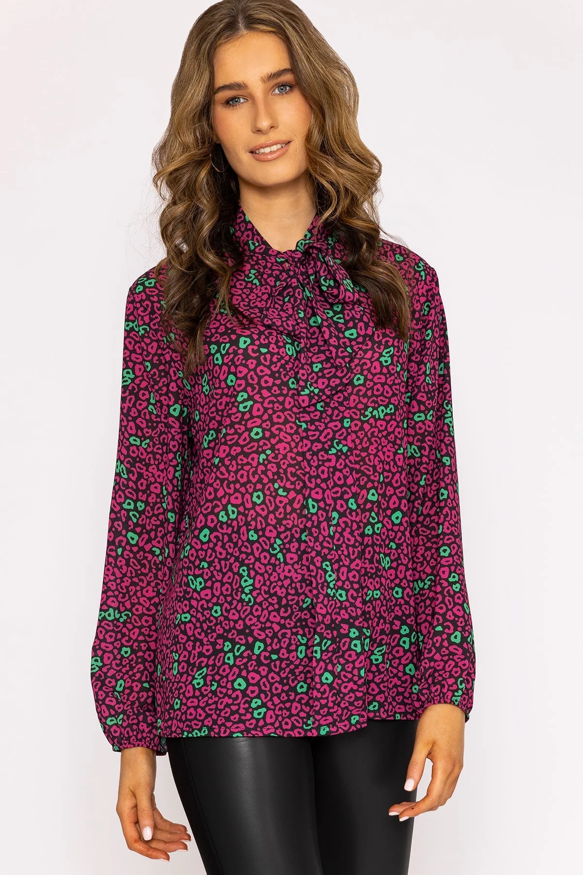 Pussybow Blouse in Pink Animal Print